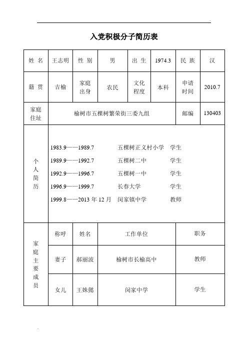 入党积极分子简历表 姓名|王志明|性别|男|出生|1974.