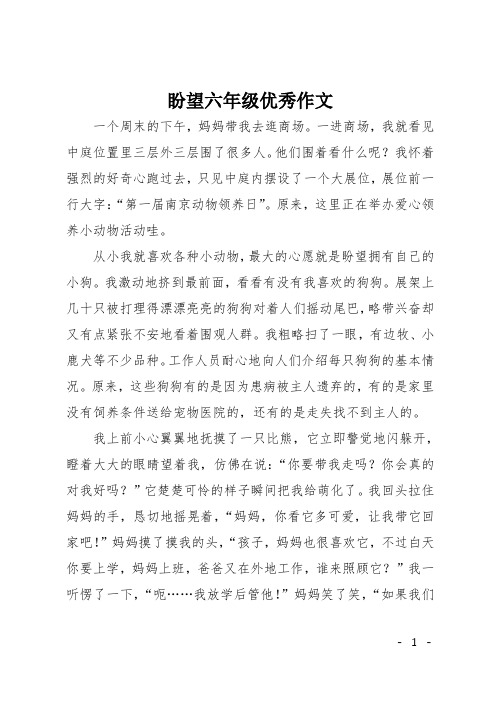 盼望六年级优秀作文 一个周末的下午,妈妈带我去逛商场.
