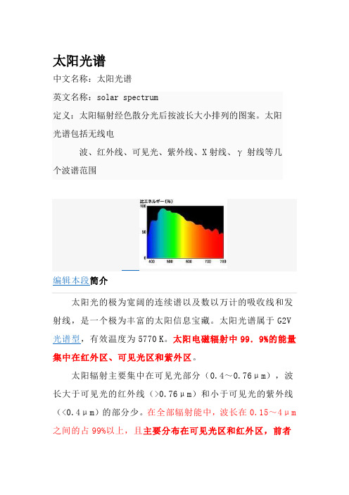 太陽光譜英文名稱:slar spectrum 定義:太陽輻射經色散分光後按波長