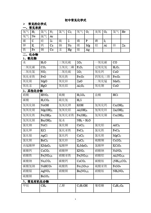 初中常见化学式 常见的化学式 一,常见单质 氢气|h2|氮气|n2|氯气|cl2