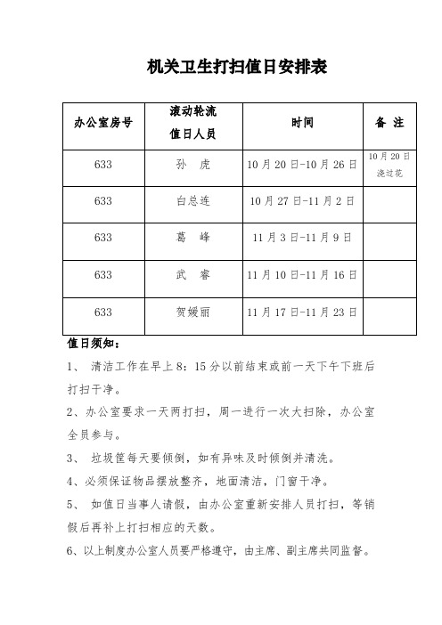 機關衛生打掃值日安排表 辦公室房號|滾動輪流|值日人員|時間|備註