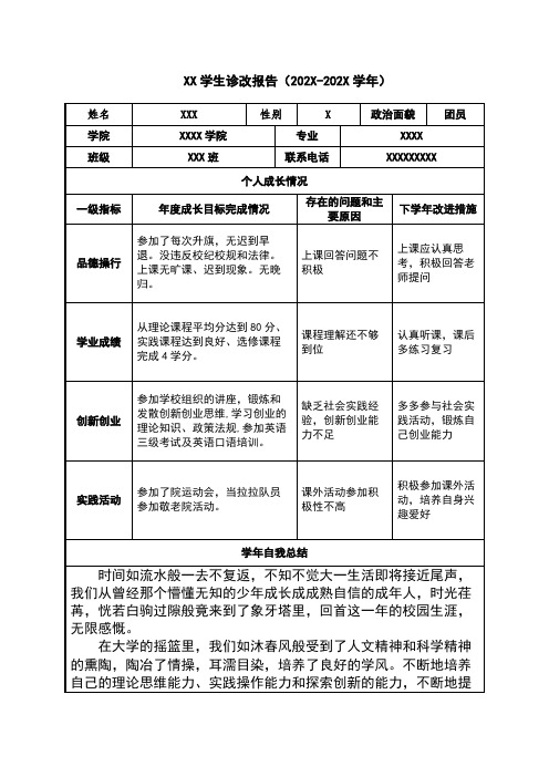 xx学生诊改报告(202x-202x学年) 姓名|xxx|性别|x|政治面貌|团员