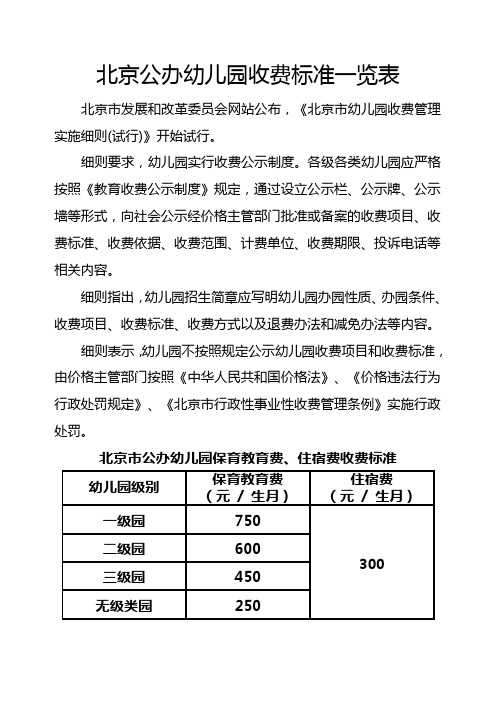 北京公办幼儿园收费标准一览表 北京市发展和改革委员会网站公布