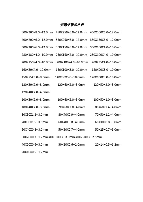 矩形鋼管規格表 500x300x8.0--12.0mm 450x250x6.0--12.