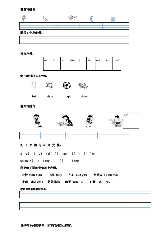 看图写拼音. 默写6个单韵母. 写出声母.