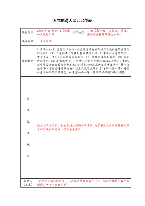 入黨申請人談話記錄表 談話時間|2015年10月8-15(任選一天就行)日