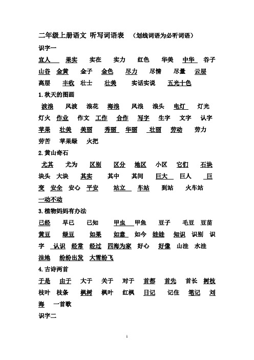 二年级上册语文听写词语表(划线词语为必听词语) 识字一 宜人果实实在