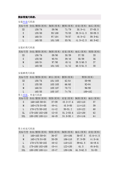 美标常规尺码表:| 女装外套尺码表| 美标号型|身高/腰围(厘米)|胸围