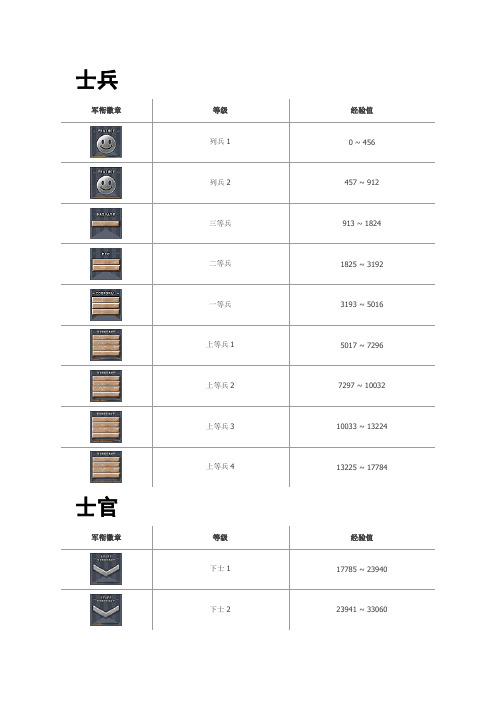 士兵 军衔徽章|等级|经验值| 列兵1|0 ~ 456| 列兵2|457 ~ 912| 三等