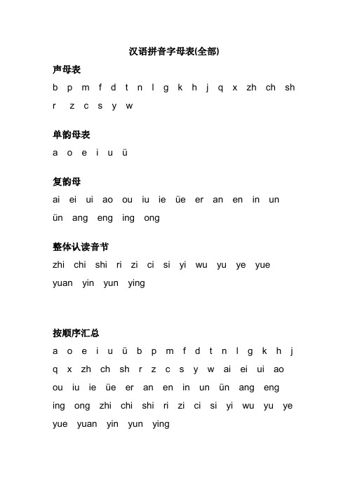 汉语拼音字母表(全部) 声母表bpmfdtnlgkhjqxzhchsh rzcsyw 单韵母表