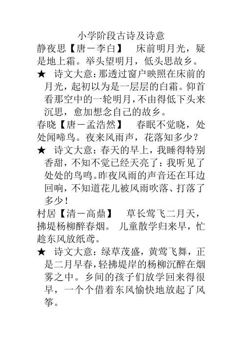 小学阶段古诗及诗意 静夜思【唐-李白】床前明月光,疑是地上霜.