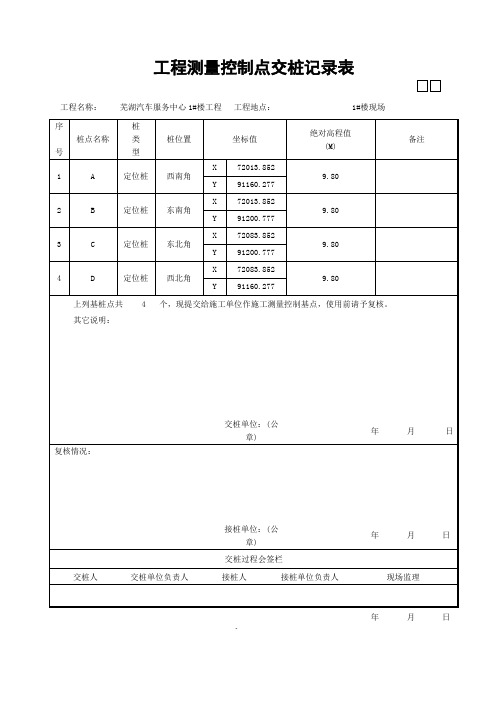 工程测量控制点交桩记录表 工程名称|芜湖汽车服务中心1#楼工程|工程