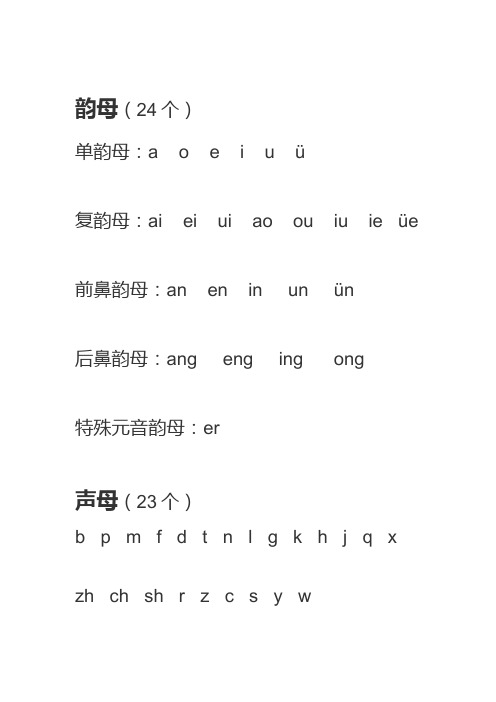 韻母(24個) 單韻母:aeiuü 複韻母:aieiuiauiuieüe 前鼻韻母