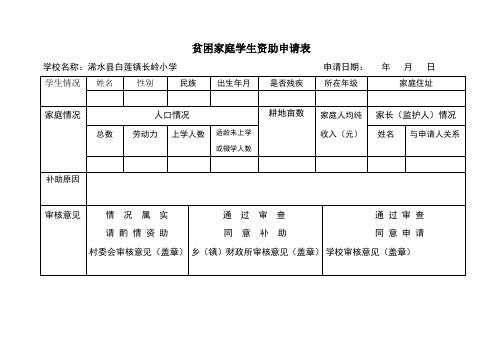 貧困家庭學生資助申請表 學校名稱:浠水縣白蓮鎮長嶺小學申請日期:年