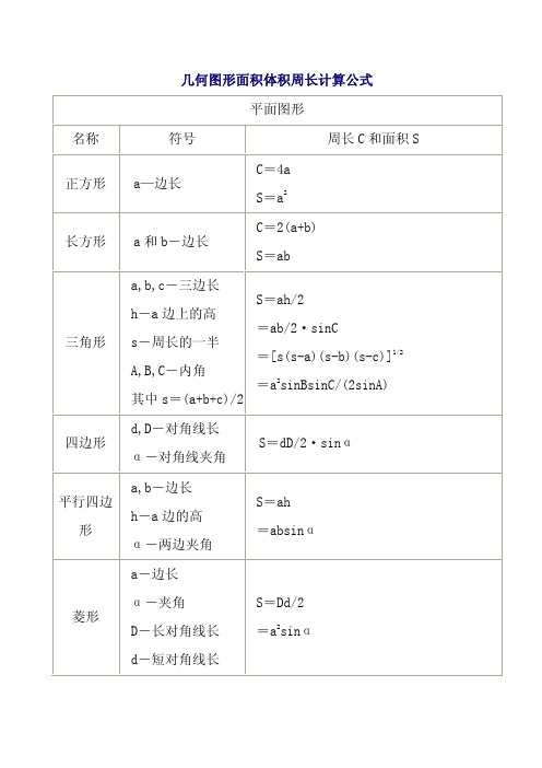 幾何圖形面積體積周長計算公式 平面圖形 名稱 符號 周長 c 和麵積 s