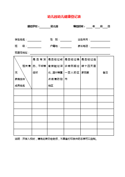 幼儿园幼儿健康登记表 建档学校:幼儿园 填档时间:年月日 学生姓名