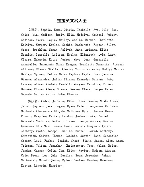 宝宝英文名大全 女孩名:sphia,emma,olivia,isabella,ava,lily,ze