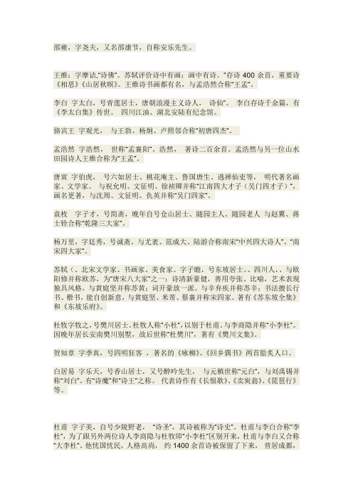 邵雍,字尧夫,又名邵康节,自称安乐先生. 王维:字摩诘,"诗佛".