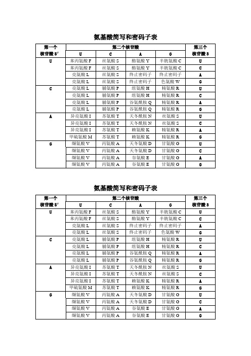 氨基酸簡寫和密碼子表 第一個|核苷酸5′|第二個核苷酸|第三個|核苷酸