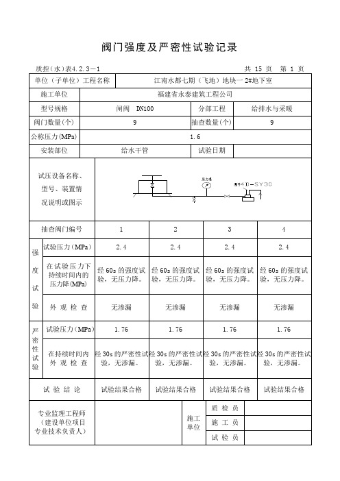 阀门强度及严密性试验记录