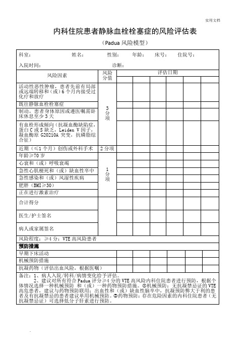 内科住院患者静脉血栓栓塞症的风险评估表 (padua风险模型) 科室