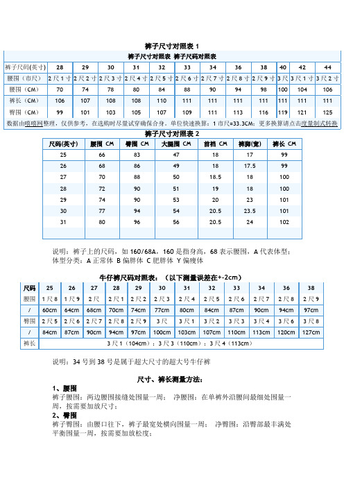 對照表| 褲子尺碼(英寸)|28|29|30|31|32|33|34|36|38|40|42|44| 腰圍