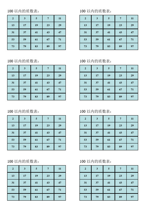 100以内的质数表: 2|3|5|7|11| 13|17|19|23|29| 31|37|41|43|47| 53