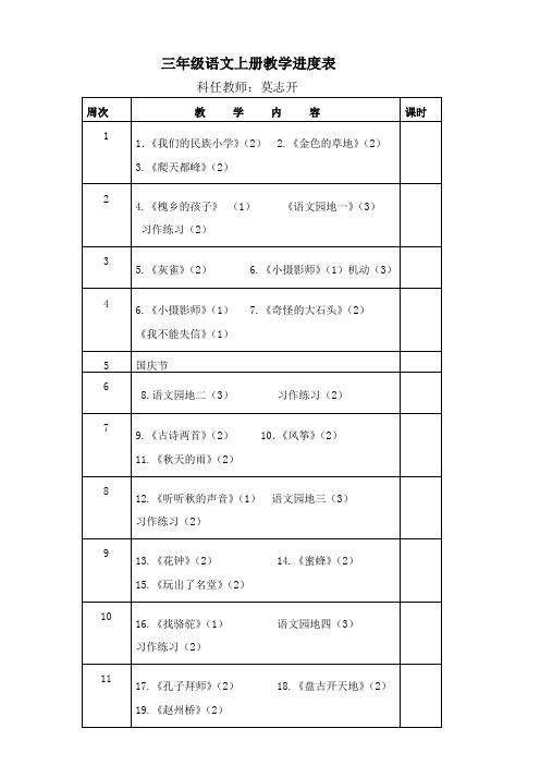 三年级语文上册教学进度表 科任教师:莫志开 周次|教学内容|课时| 1|1