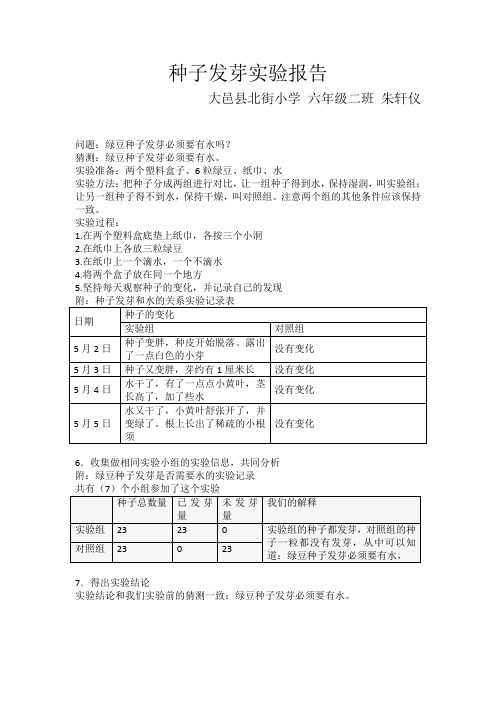 种子发芽实验报告 大邑县北街小学六年级二班朱轩仪 问题:绿豆种子