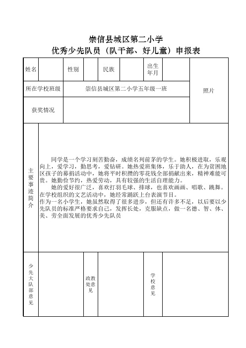 崇信县城区第二小学 优秀少先队员(队干部,好儿童)申报表 姓名 所在