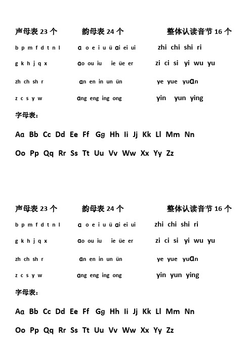 声母表23个韵母表24个整体认读音节16个 b p m f d t n lɑ ei u üɑ