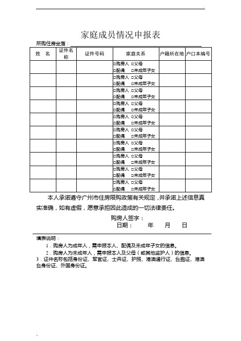 家庭成员情况申报表 所购住房坐落:姓名|证件名称|证件号码|家庭关系