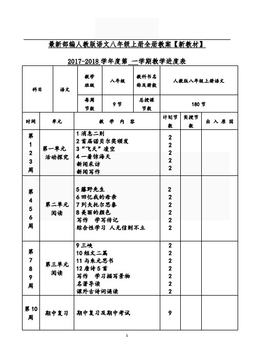 2017-2018学年度第一学期教学进度表 科目|语文|教学|班级|八年级