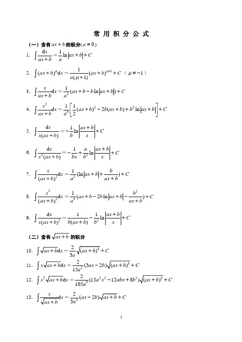 常用积分公式 (一)含有 ax   b 的积分( a ≠ 0 ) 1.