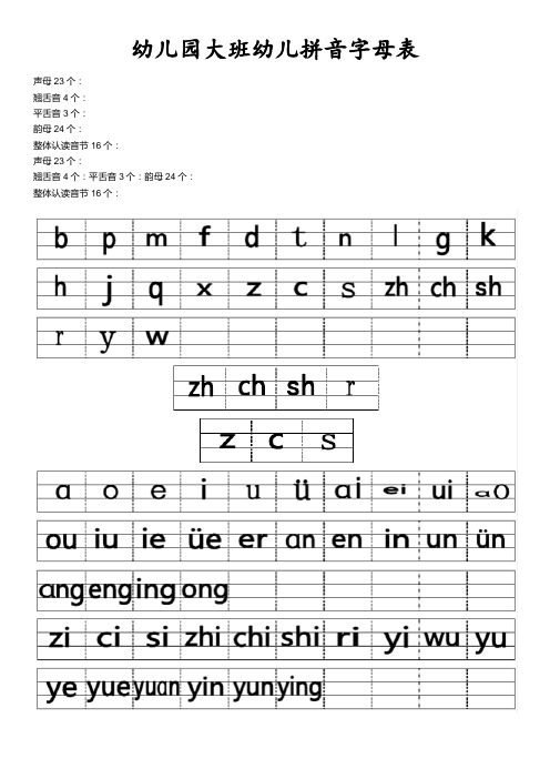 幼兒園大班幼兒拼音字母表 聲母23個:翹舌音4個:平舌音3個:韻母24個