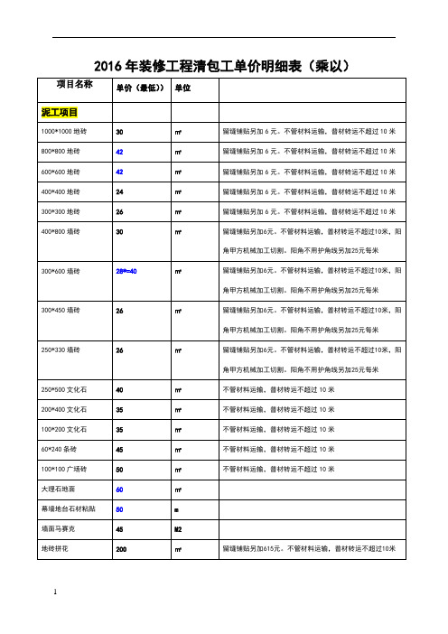 项目名称|单价(最低))|单位|泥工项目|1000*1000地砖|30|㎡|留缝铺贴