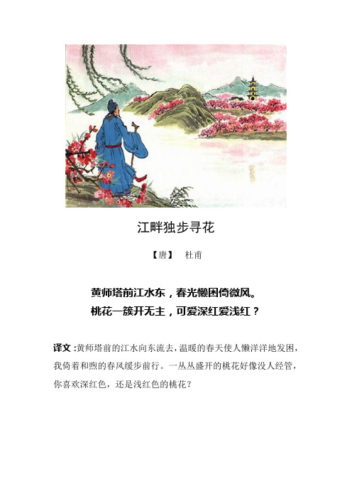 江畔独步寻花【唐】杜甫 黄师塔前江水东,春光懒困倚微风.