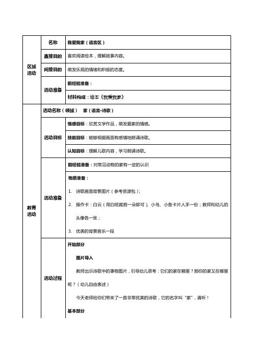 区域|活动|名称|我爱我家(语言区)| 直接目的|喜欢阅读绘本,理解故事