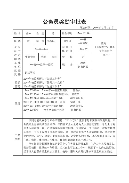 公務員獎勵審批表 填表時間:20**年1月10日 姓名|孟**|性別|男|出生年