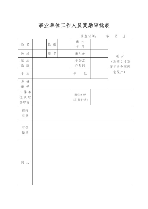 事業單位工作人員獎勵審批表 填表時間:年月日 姓名|性別|出生|年月