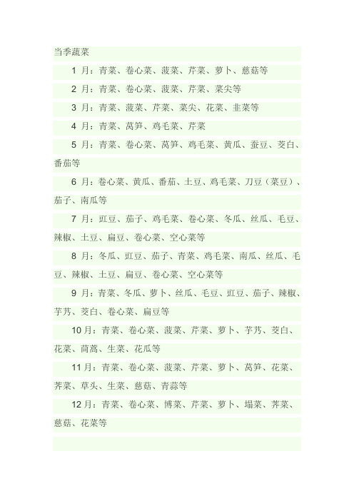 当季蔬菜1月:青菜,卷心菜,菠菜,芹菜,萝卜,慈菇等2月:青菜,卷心菜