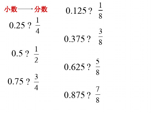 小数 分数 0.25 ? 1 4 0.5 ? 1 2 0.75 ? 3 4 0.125 ? 1 8 3 0.375 ?