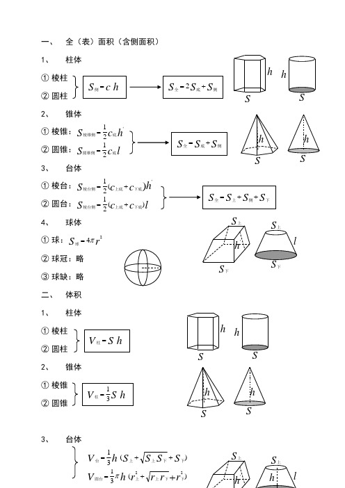 2圆锥: 3,台体 1棱台: 2圆台: 4,球体 1球: 2球冠:略 3球缺:略二,体积