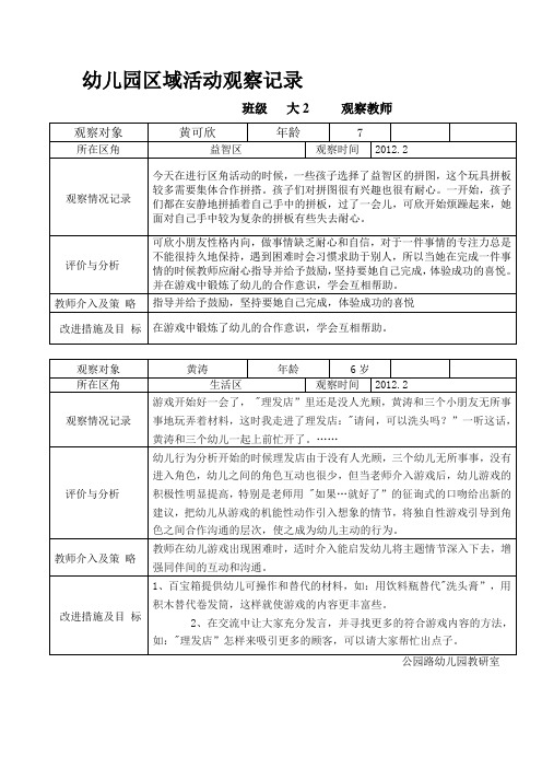 幼儿园大班区域活动观察记录表 中