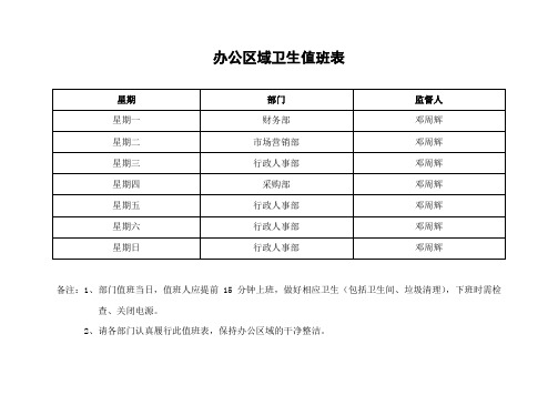 办公区域卫生值班表 星期|部门|监督人| 星期一|财务部|邓周辉| 星期