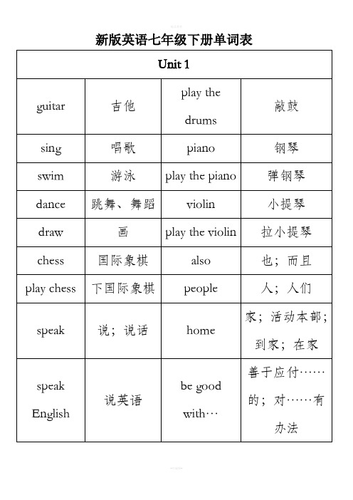 新版英语七年级下册单词表| unit 1| guitar|吉他|play the drums|敲