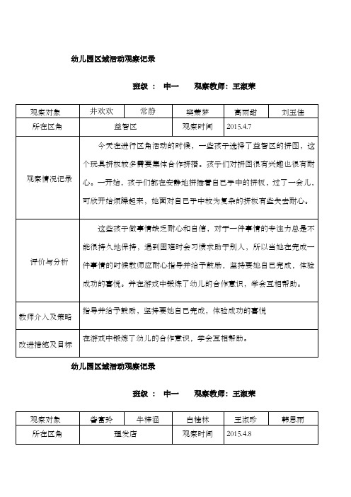 幼儿园区域活动观察记录 班级 : 中一 观察教师:王淑荣 观察对象|井