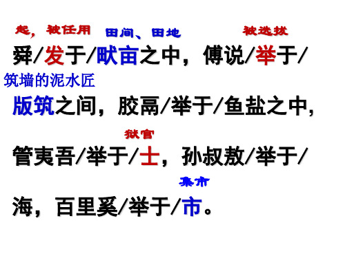 田地 被选拔 舜/发于/畎亩之中,傅说/举于/ 筑墙的泥水匠 版筑之间