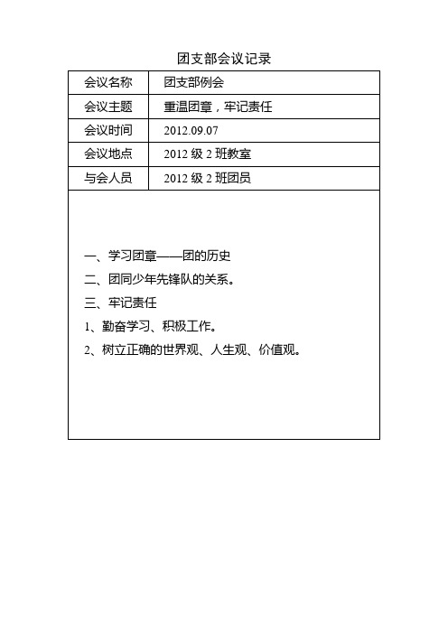 團支部會議記錄 會議名稱|團支部例會| 會議主題|重溫團章,牢記責任