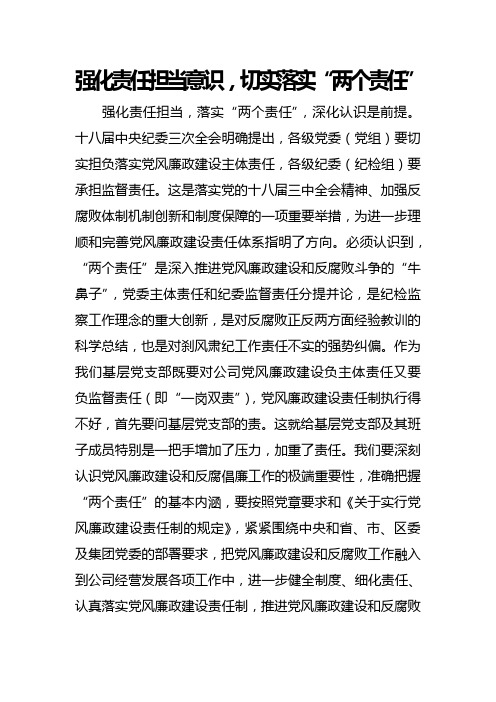 强化责任担当意识,切实落实"两个责任 强化责任担当,落实"两个责任"